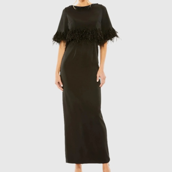 MAC DUGGAL 11787 QUARTER SLEEVE CRYSTAL NECK FEATHER DETAIL BLACK GOWN sz 16 - Picture 1 of 4